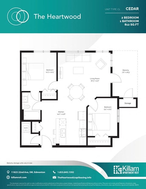 Floor plan for 2 beds, 1 bath, 812 sqft